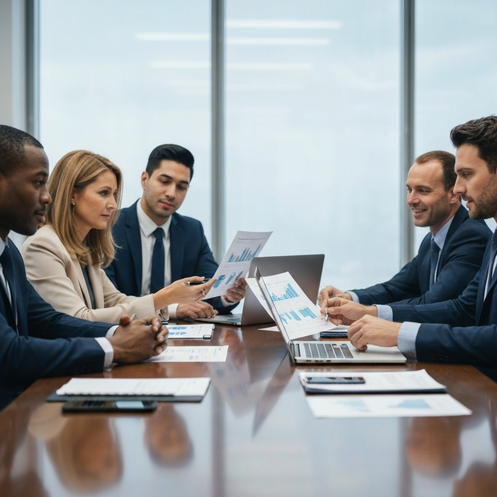 Professional business meeting discussing AI transformation